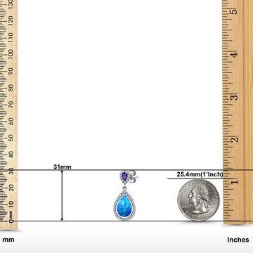 Amethyst Stud Earrings Pear Lab Created Blue Opal Simulated CZ 925 Sterling Silver (31mm)